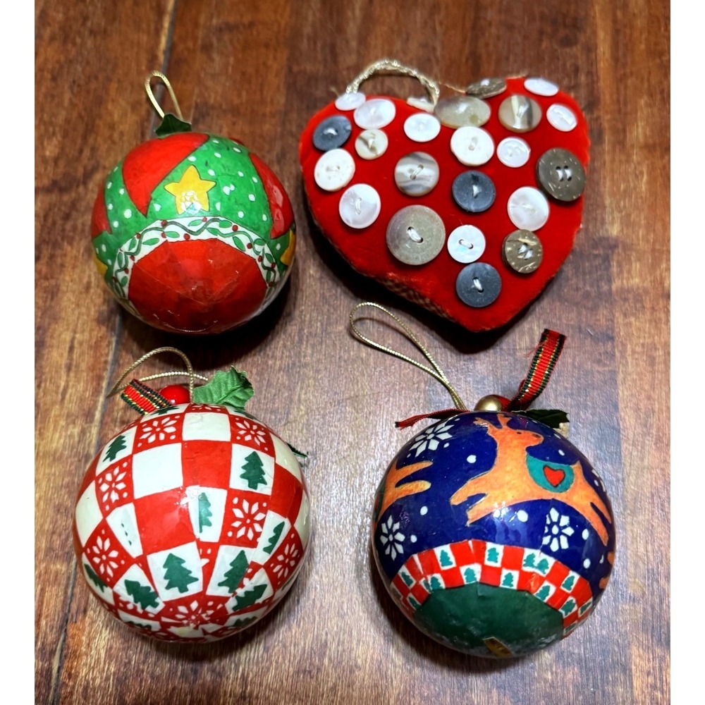 Vintage Paper Mache & Handmade Botton Heart Christmas Ornaments Holiday